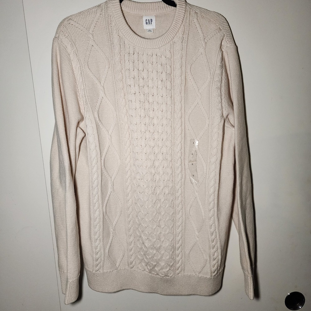 Gap Cable Knit Sweater Mens L Birch Cream New Cotton Crew Neck 512945-01-1